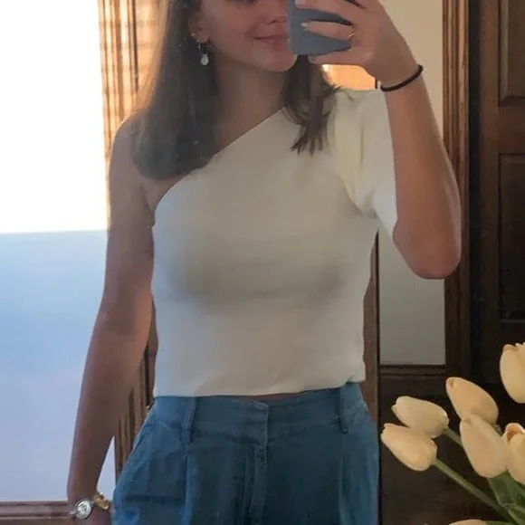 ASOS Cream Ribbed One-Shoulder Top - Picture 1 of 4